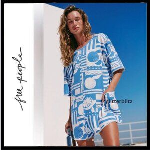 Free People Hot Shot Printed Tee Romper SUNDAY MARKET BLUE 💙